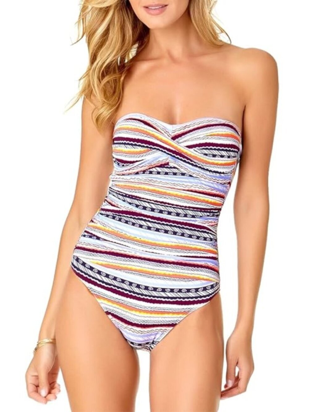 Anne Cole Womens Twist Front Shirred Bandeau One Piece Swimsuit Beach Size L NWT